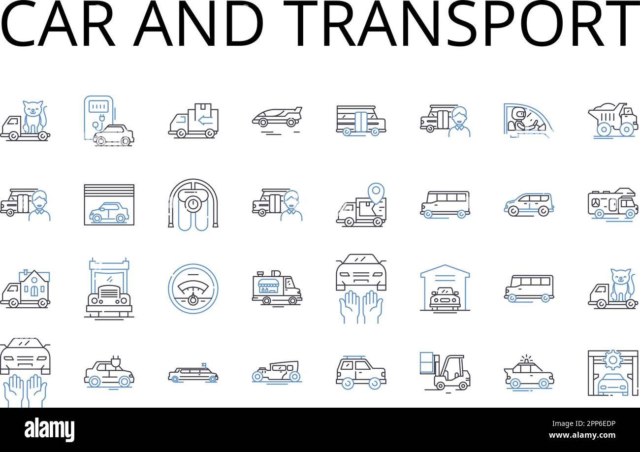 Icons-Kollektion für Autos und Transportlinien. Automobil, Fahrzeug, Lkw, Van, Bus, Motorrad, Motorrad-Vektor und lineare Darstellung. Roller, Wohnwagen, Wohnmobil Stock Vektor