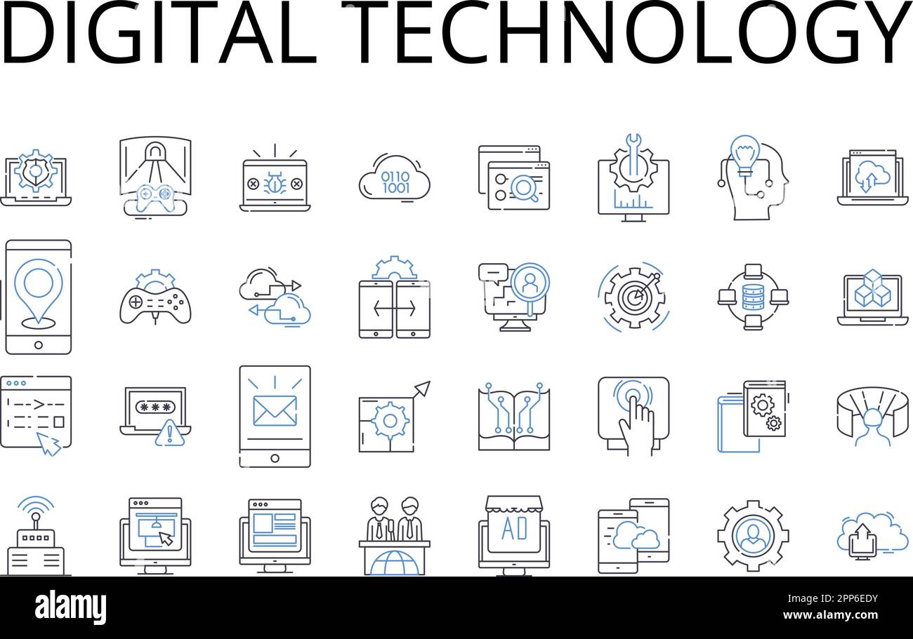 Symbolsammlung für digitale Technologie. Computerwissenschaften, Internet-Technologie, Telekommunikationssysteme, tragbare Geräte, elektronische Geräte Stock Vektor