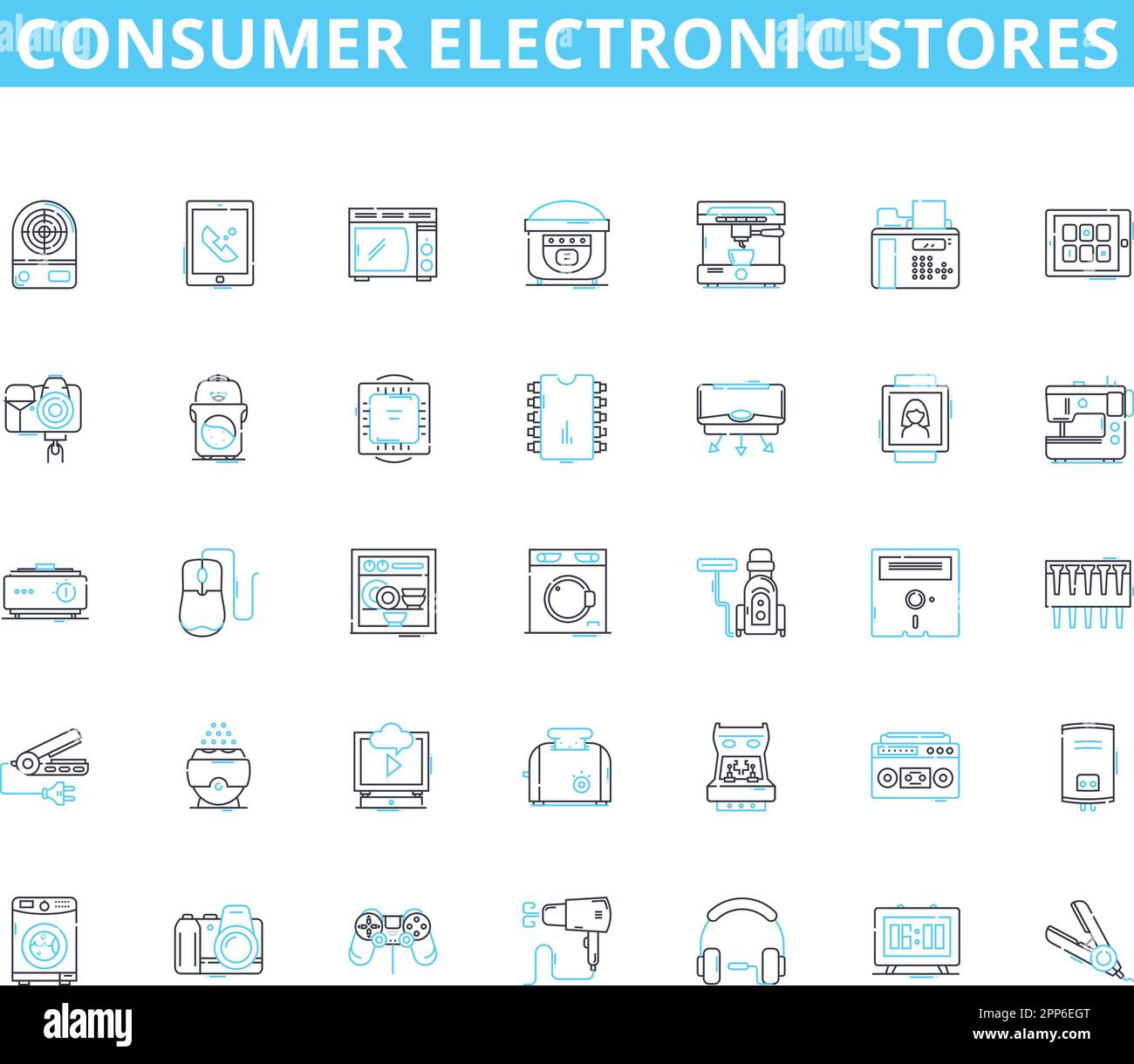 In der Unterhaltungselektronik werden lineare Symbole gespeichert. Gadgets, Appliances, Smartphs, Tablets, Laptops, Kameras, Überschriften, Linienvektor und Konzeptschilder. Lautsprecher Stock Vektor
