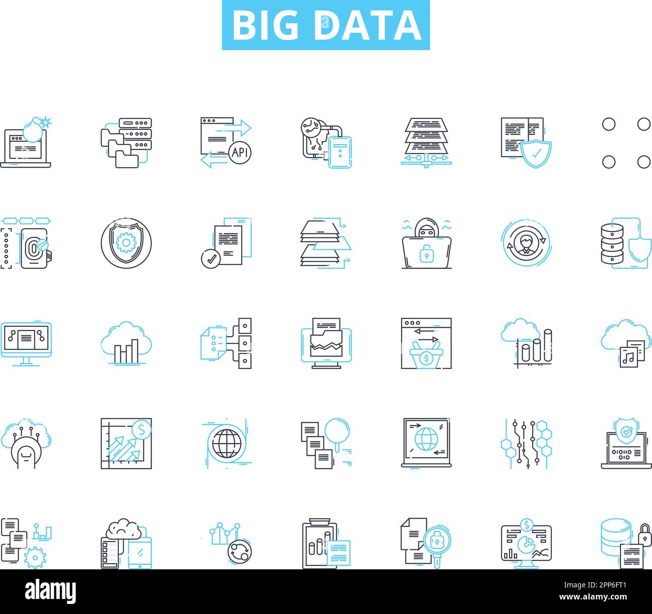 Lineare Symbole für Big Data. Analysen, Erkenntnisse, Volumen, Geschwindigkeit, Vielfalt, Wolken-, Maschinenlinienvektor- und Konzeptzeichen. Lernen, Vorhersage, Analyse Stock Vektor