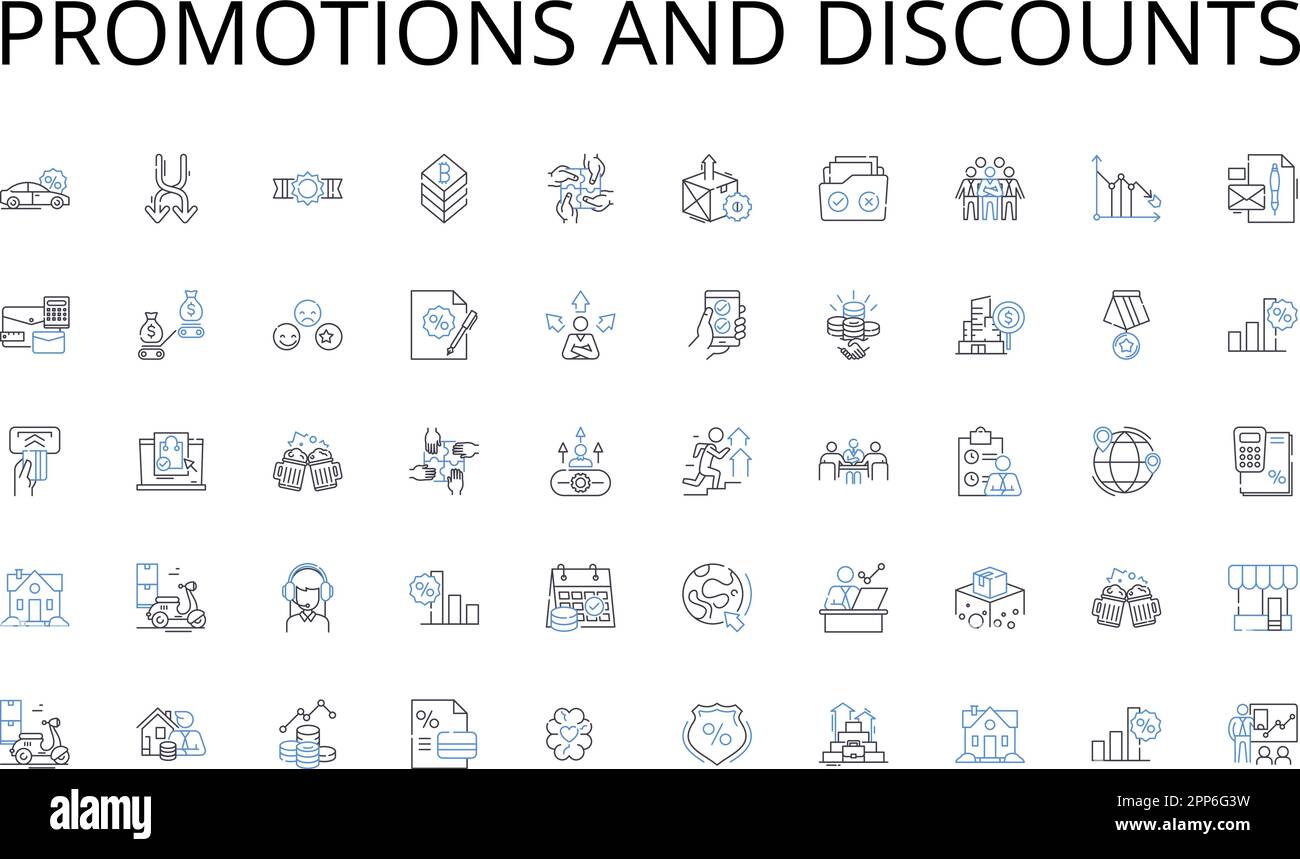 Symbolsammlung für Promotions- und Rabattpositionen. Journalismus, Rundfunk, Verlagswesen, Editing, Fotografie, Publicity, Scriptwriting-Vektor und linear Stock Vektor