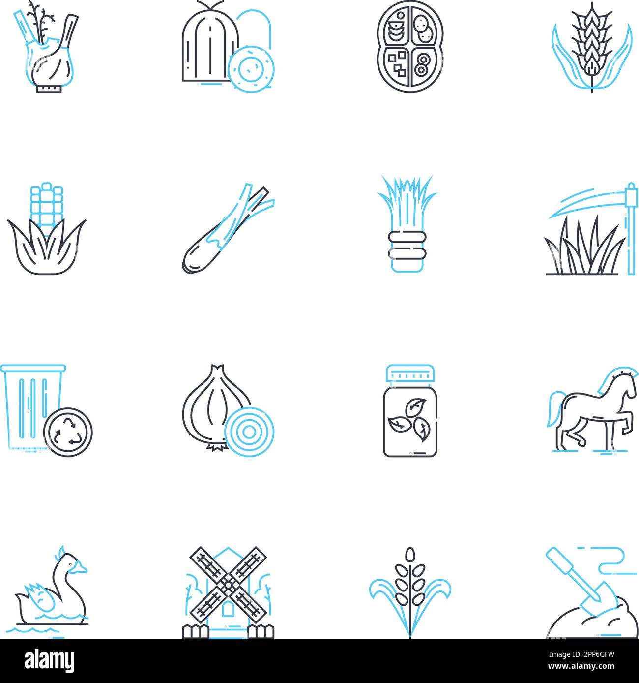 Umweltfreundliche Landwirtschaft, lineare Symbole eingestellt. Nachhaltig, Organisch, Regenerativ, Natürlich, Erhaltung, Boden-, Kompost-Linienvektor- und Konzeptschilder Stock Vektor