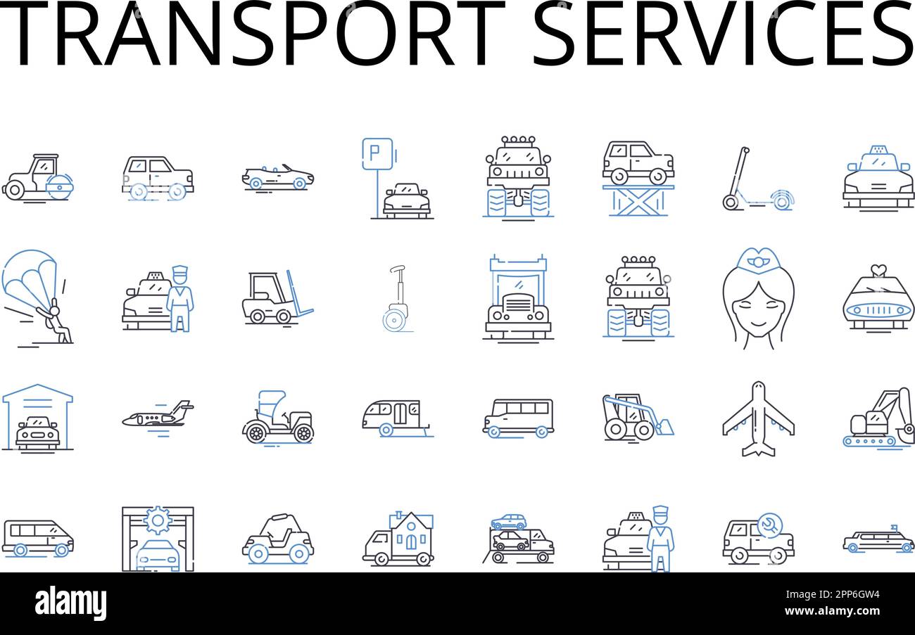 Symbolsammlung für Transportdienste. Lieferoptionen, Transitlösungen, Versandarten, Pendelwege, Logistikdienste, Fracht Stock Vektor
