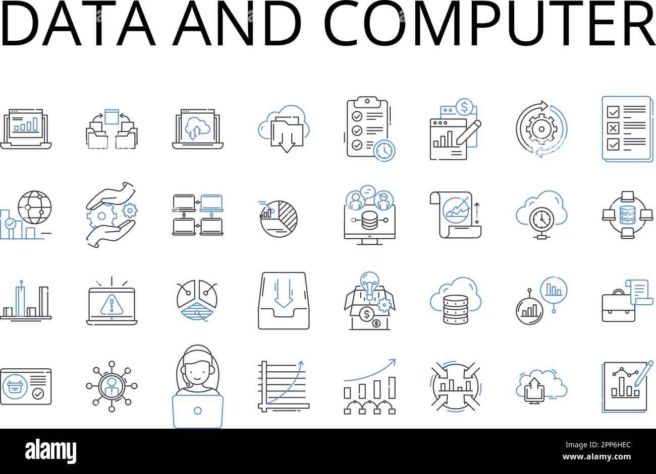Sammlung von Daten- und Computerzeilensymbolen. Informationstechnologie, elektronisches Gerät, Web-Browsing, digitale Medien, Hochgeschwindigkeits-Internet, Cloud-Speicher Stock Vektor