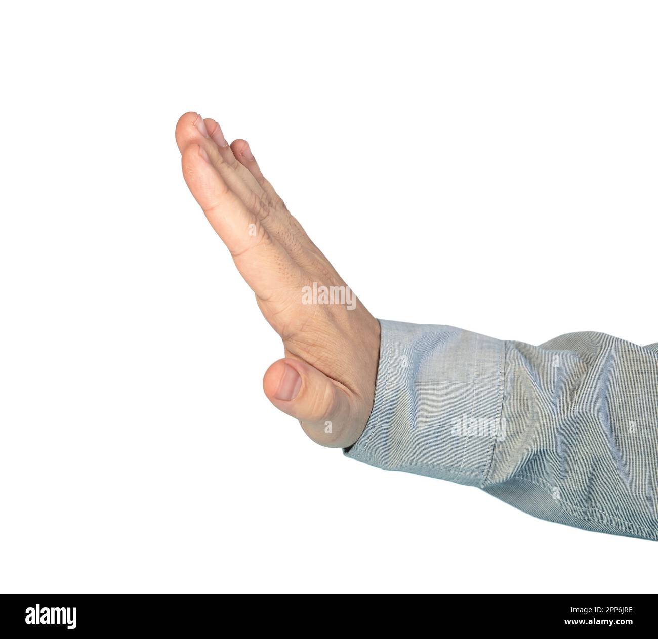 Mann, der eine Stoppbewegung mit isolierter Hand auf weißem Hintergrund mit Schnittpfad macht. Eine Geste der Ablehnung von Hand. Stockfoto