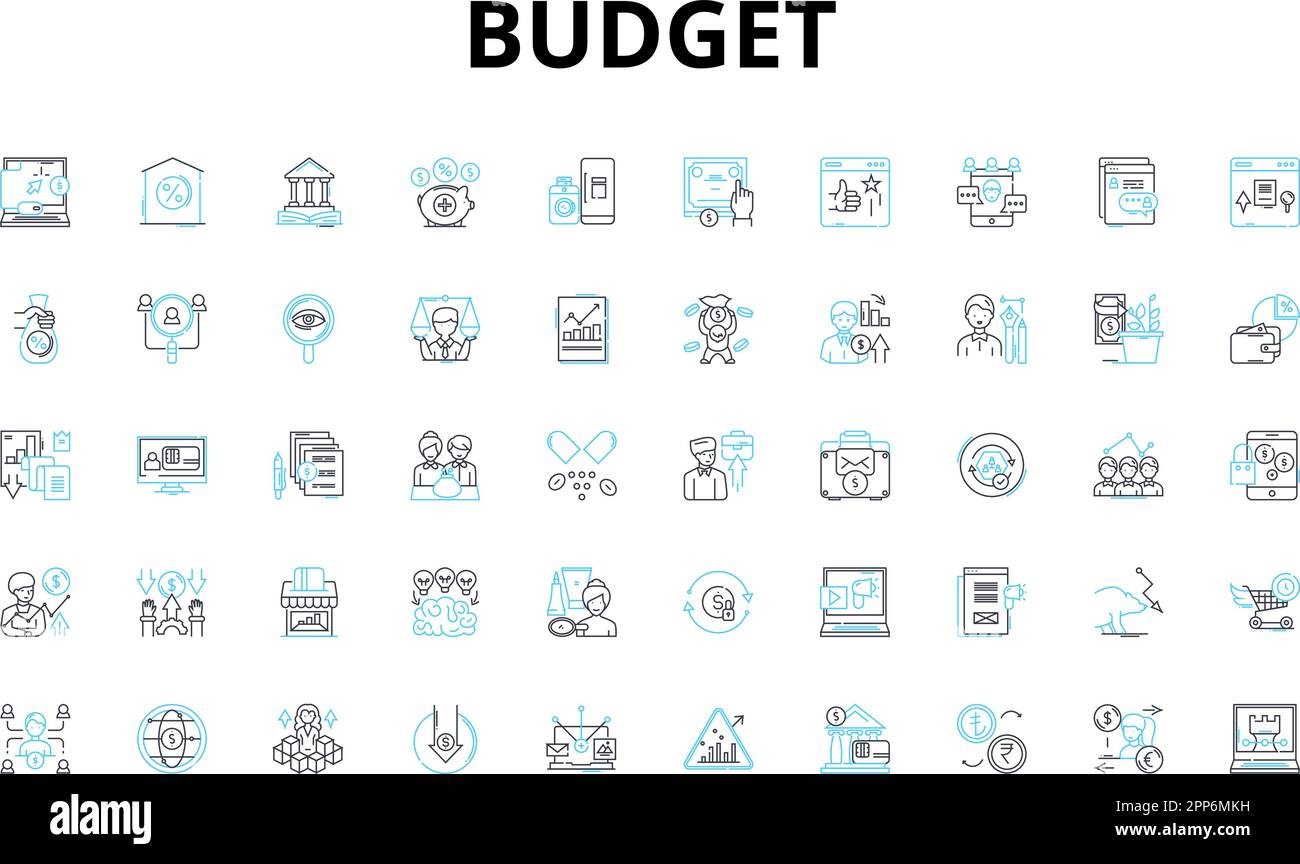 Lineare Symbole für Budget festgelegt. Thrifty, Economy, Frugal, Erschwinglich, Einsparungen, Kostengünstig, reduziert Vektorsymbole und Linienkonzepte. Praktisch Stock Vektor