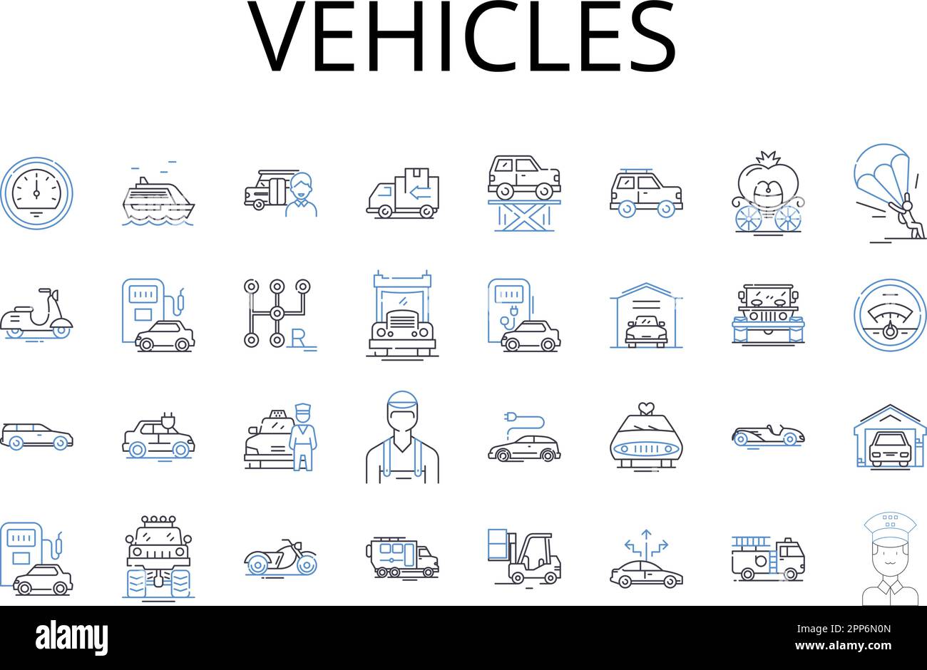 Symbolsammlung für Fahrzeuglinien. Autos, Autos, Transport, Modi, Transport, Ride-Rail, Ride-Sharing-Vektor und lineare Darstellung Stock Vektor