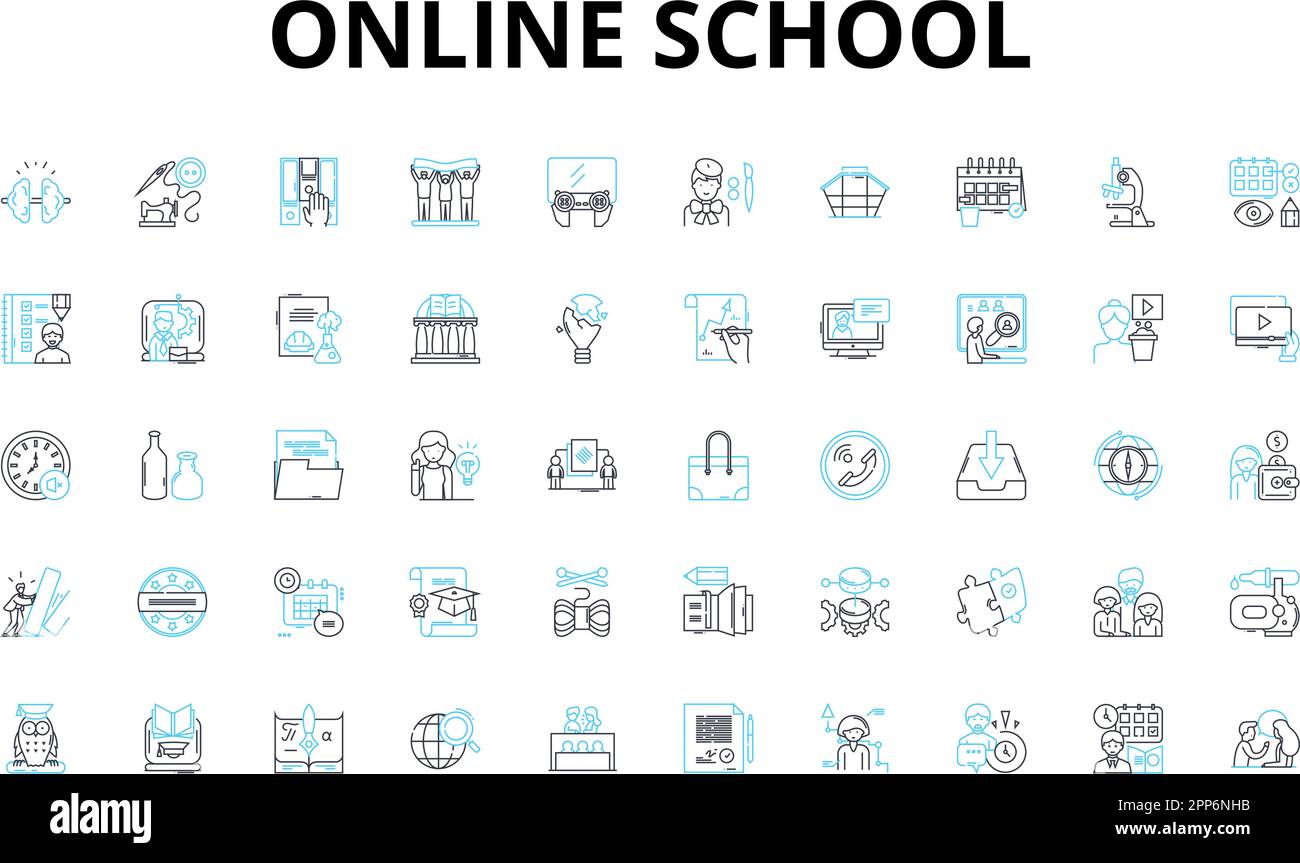 Lineare Symbole für Online-Schulen festgelegt. Entfernung, webbasiert, virtuell, Remote, E-Learning, Digital-, Cyber-Vektorsymbole und Linienkonzepte. Internet, WLAN Stock Vektor