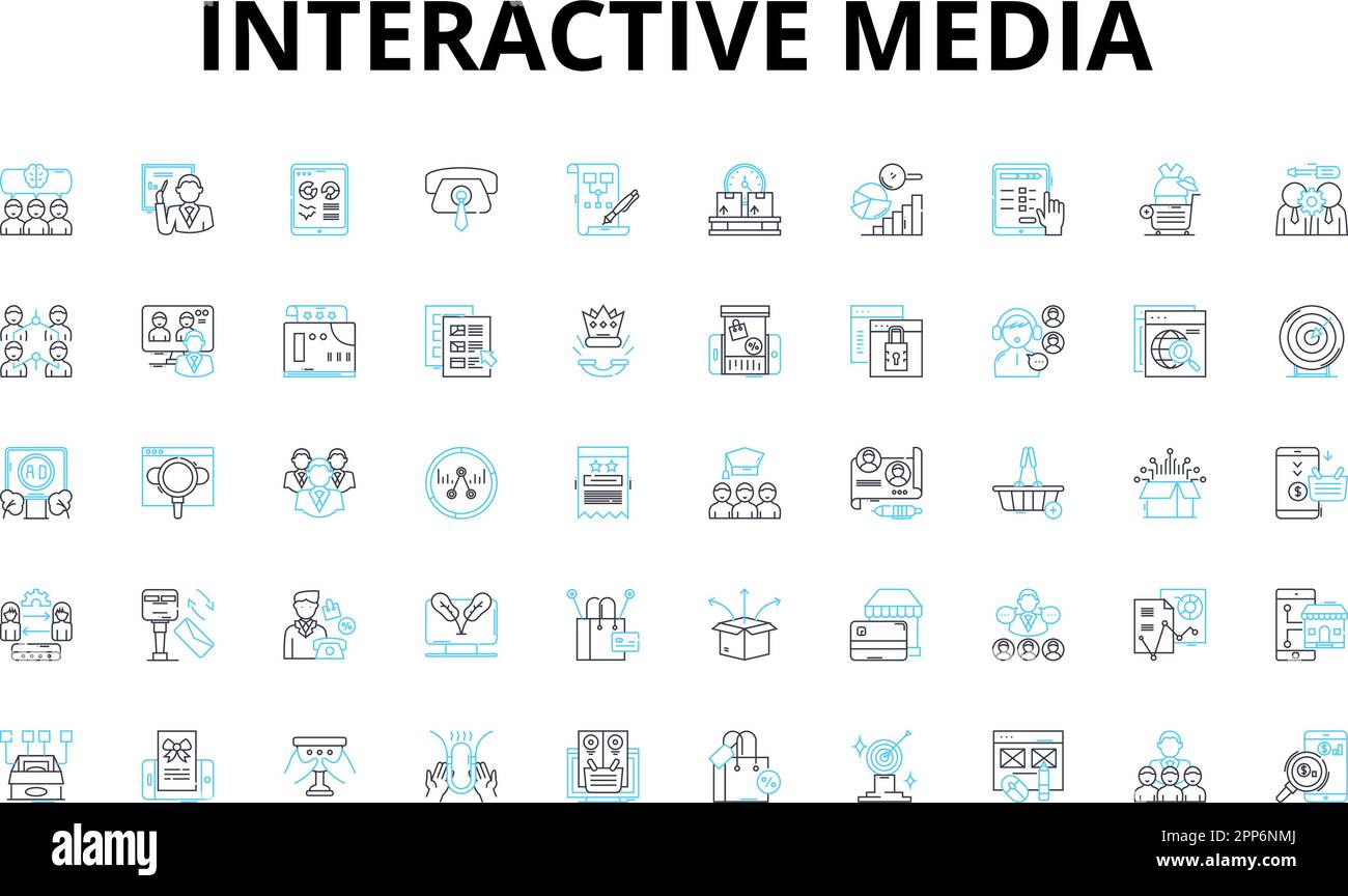 Lineare Symbole für interaktive Medien. Interaktion, Digital, Multimedia, Interaktiv, Spiele, Animation, virtuelle Vektorsymbole und Linienzeichen Stock Vektor