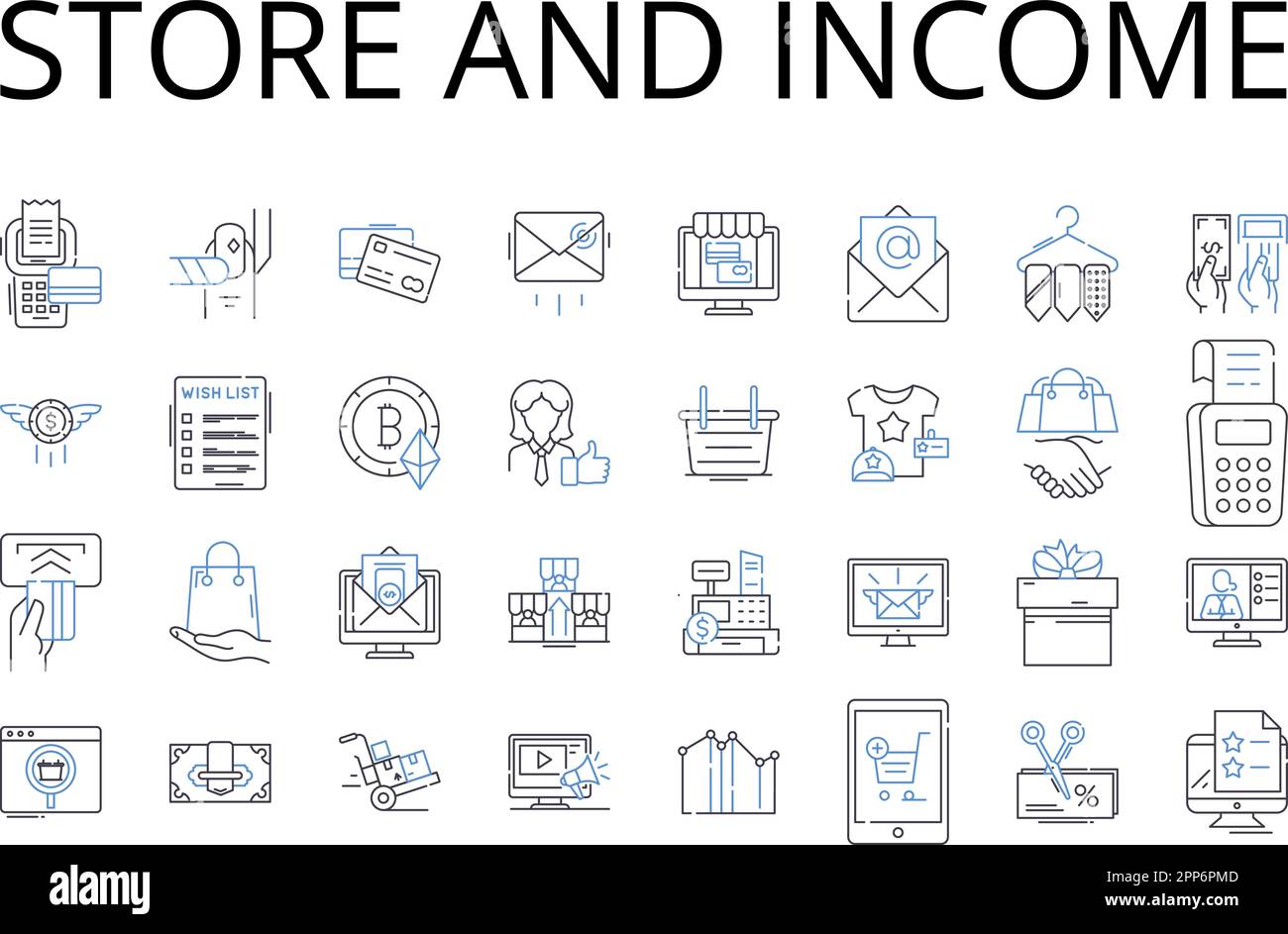Symbolsammlung für Filialen und Einkommenspositionen. Shop and Revenue , Market and Earnings , Boutique and Profit , Warehouse and Gain , Outlet und Return Stock Vektor