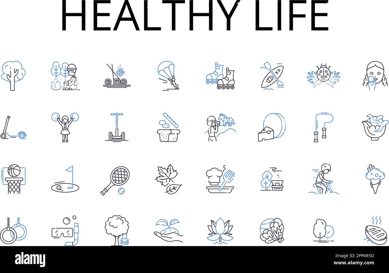 Healthy Life Line Icons Kollektion. Wohlbefinden, optimale Gesundheit, gesundes Leben, Solidität, Fitness, Nahrhafter Lebensstil, Robustheitsvektor und Stock Vektor