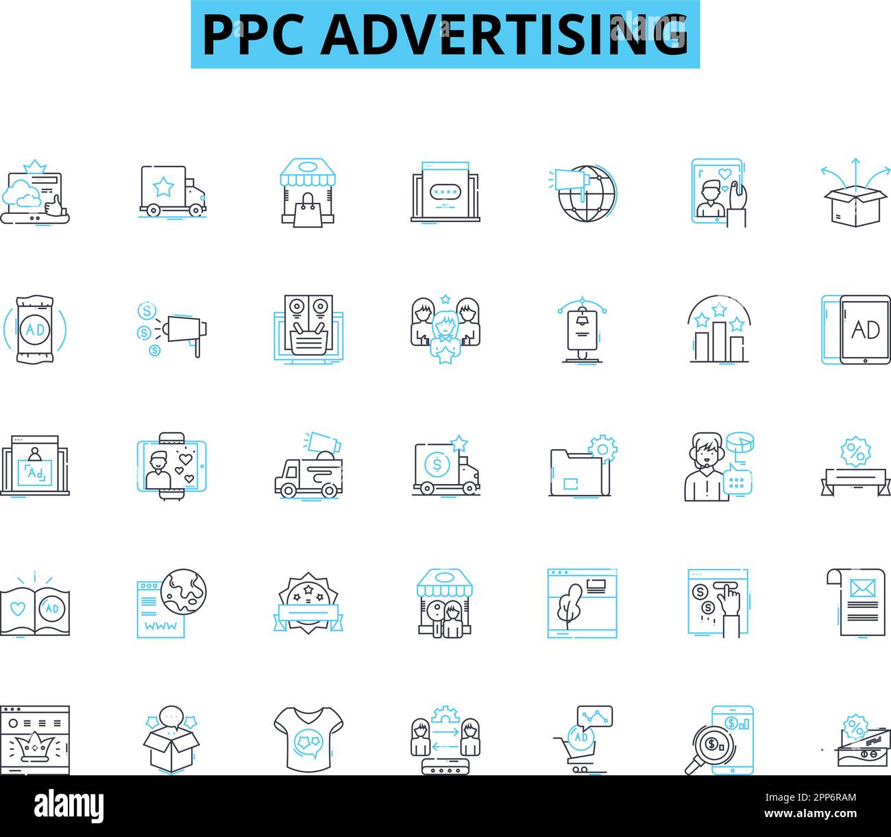 Lineare Symbole für PPC-Werbung festgelegt. Adwords, Gebote, Kampagnen, Klicks, Conversions, Cost-per-Click, CTR-Linienvektor und Konzeptzeichen. Display, Google Stock Vektor