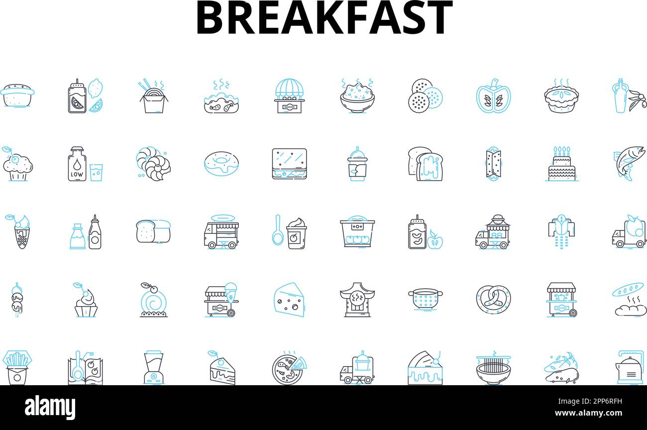 Frühstück mit linearen Symbolen. Pfannkuchen, Waffeln, Omelette, Müsli Und Cornflakes, Toast, Bagel, Croissant-Vektorsymbole und Linienschilder. Englischer Muffin, Bacon Stock Vektor