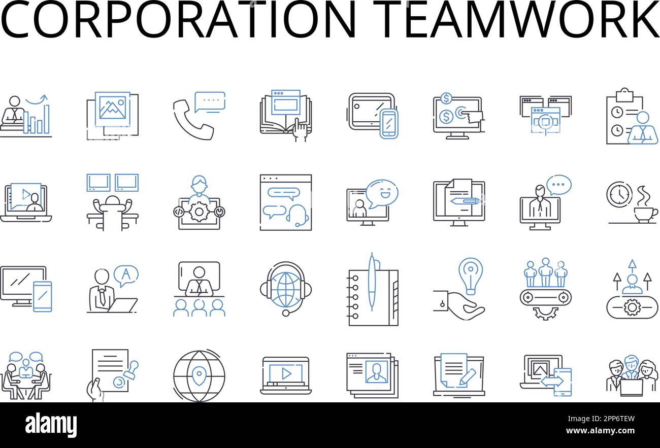 Kollektion der Teamwork-Liniensymbole des Unternehmens. Partnerschaftliche Zusammenarbeit, Unity Harmony, Alliance Cooperation, Konzernarbeit, Joint Venture, Gegenseitige Hilfe Stock Vektor