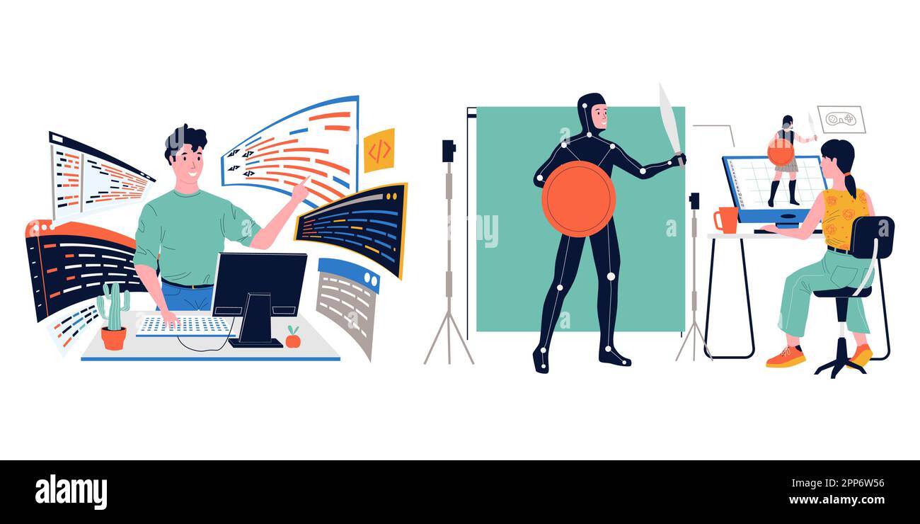 Spielentwicklung. Spezialisten erstellen Web-Charaktere für Spiele. Programmiersoftware. Computertechnik. Arbeitsplatz professioneller digitaler Designer. Kreative Arbeit. Teamwork-Projekt. Vektorkonzept Stock Vektor