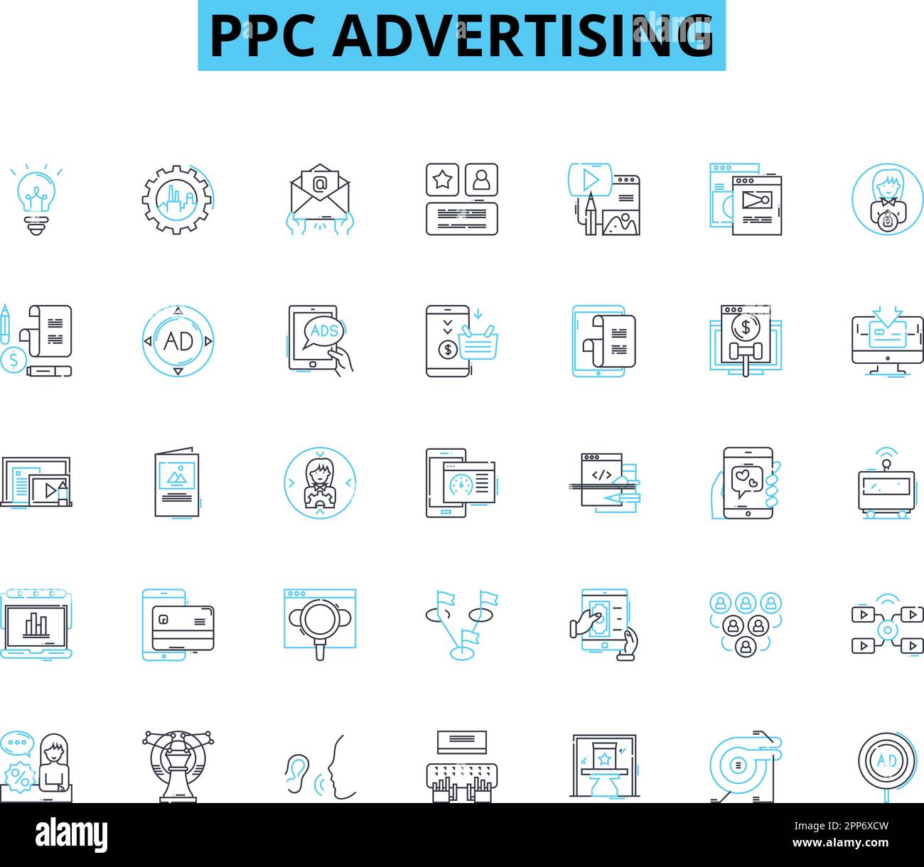Lineare Symbole für PPC-Werbung festgelegt. Adwords, Gebote, Kampagnen, Klicks, Conversions, Cost-per-Click, CTR-Linienvektor und Konzeptzeichen. Display, Google Stock Vektor