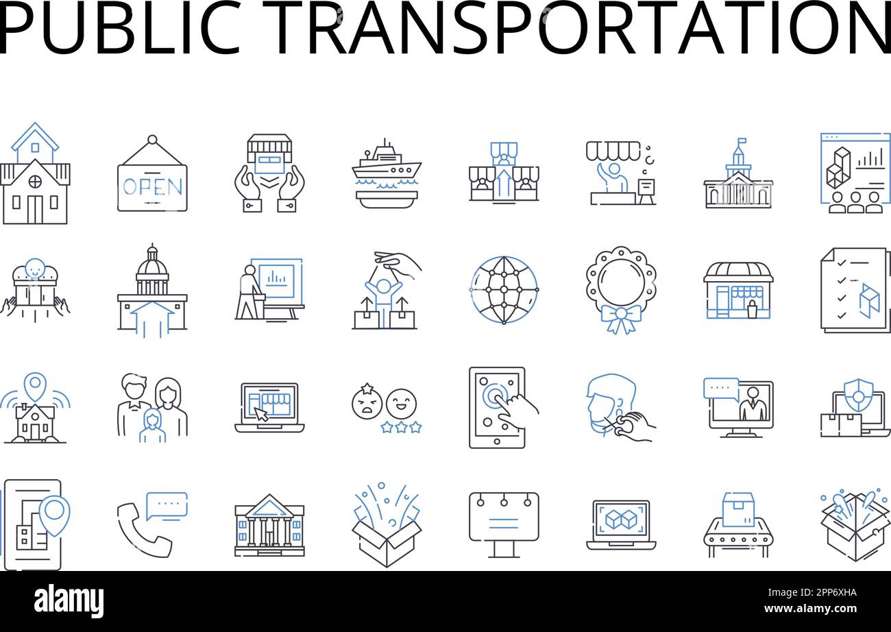 Icons-Sammlung für öffentliche Verkehrsmittel. Öffentlicher Nahverkehr, Pendlerzug, Stadtbus, Mitfahrgelegenheit, Fahrgemeinschaftsspur, Motorradtaxi, Pedikelservice-Vektor Stock Vektor