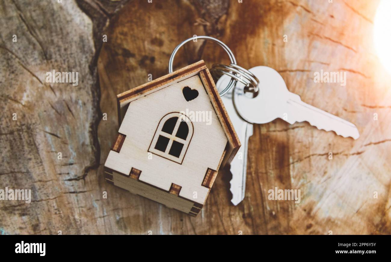 Ferienhaus. Bau von Holzhäusern. Umweltfreundliche Baustoffe. Übergabe der Schlüssel zum Haus an den Besitzer. Sonneneinstrahlung Stockfoto