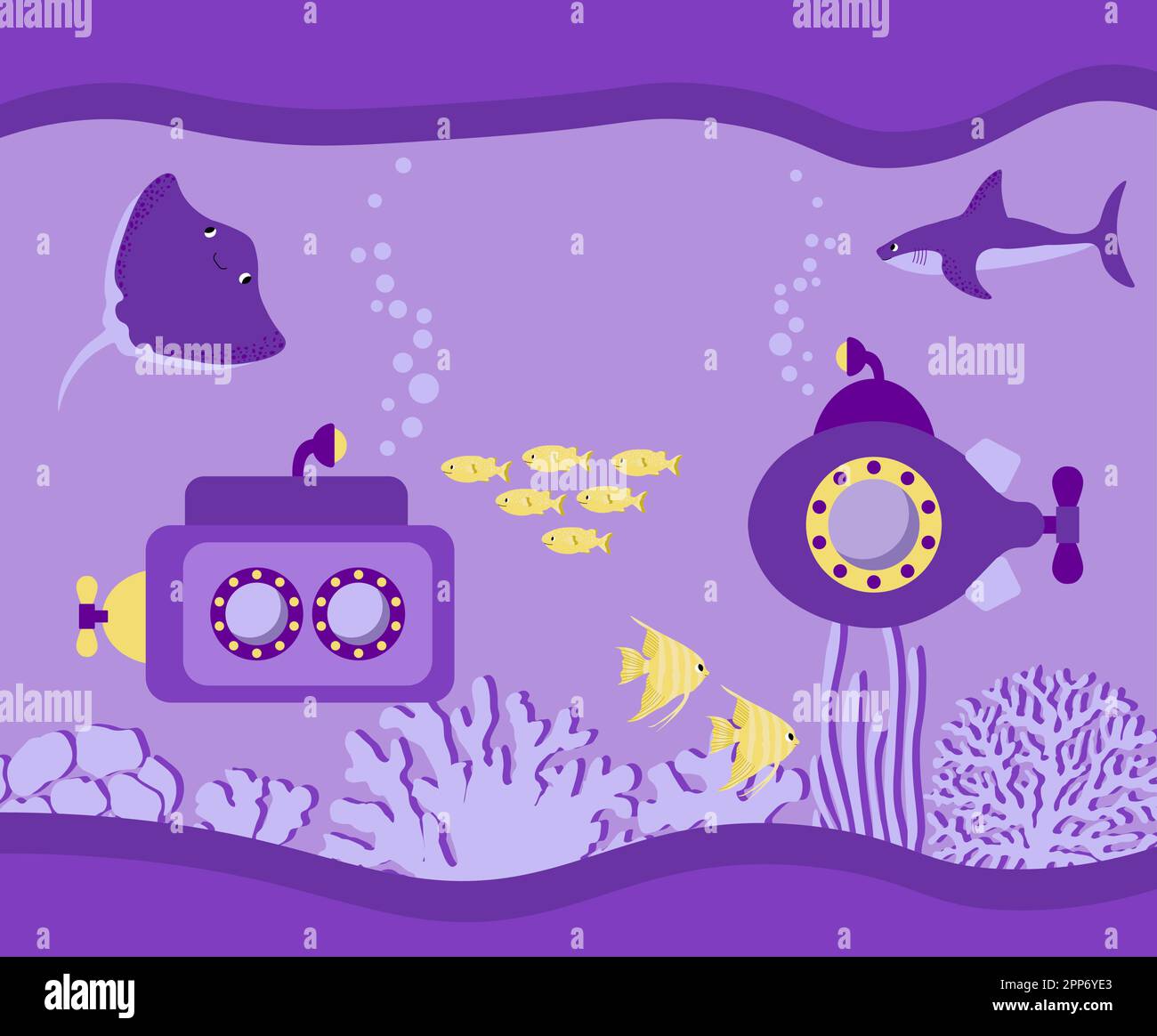 Vektor-Ozean-Illustration mit U-Boot, Hai, Teufelsfisch, Fisch, Algen, Korallen. Unterwassertiere. Ökologie-Design für Banner, Flyer, Postkarten Stock Vektor