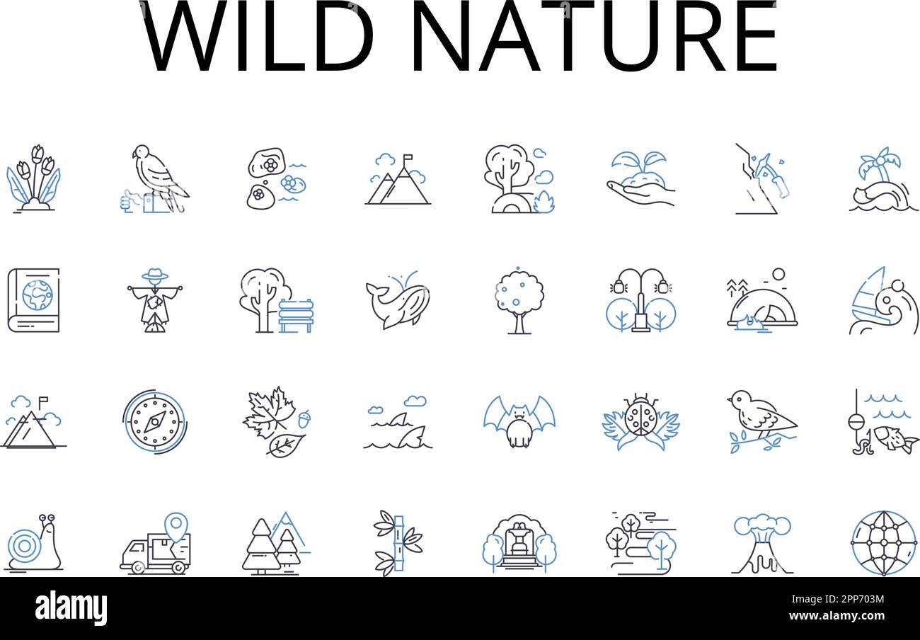 „Wild Nature Line Icons“ Kollektion. Unglaubliche Schönheit, weite Landschaften, ungezähmte Wildnis, endlose Horizonte, majestätische Berge, Exotisches Paradies Stock Vektor