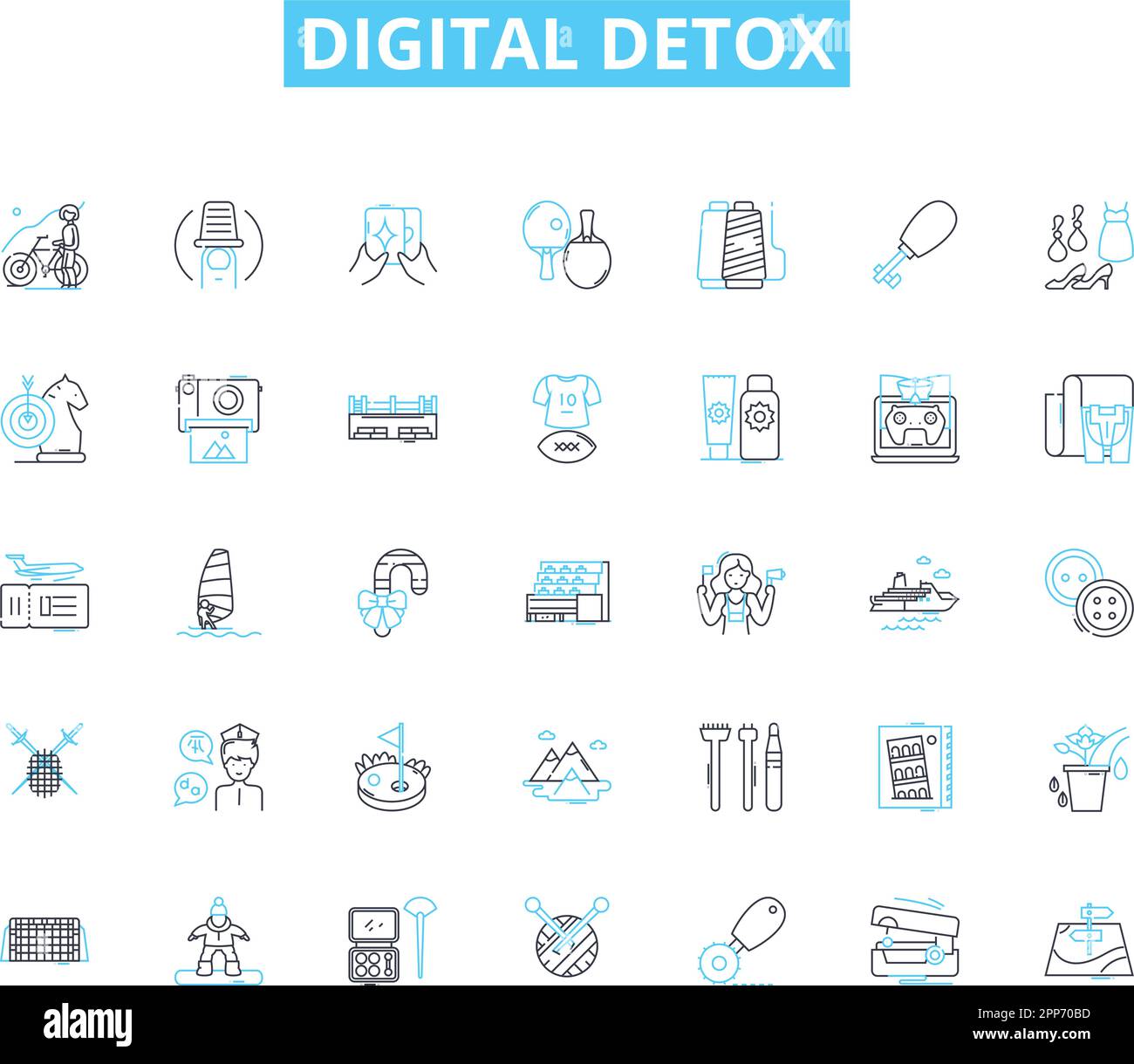 Digitale Detox-Symbole eingestellt. Trennen, Trennen, Wieder Verbinden, Achtsamkeit, Gleichgewicht, Fokus, Relaxationslinienvektor und Konzeptzeichen. Wellness, Erneuerung Stock Vektor