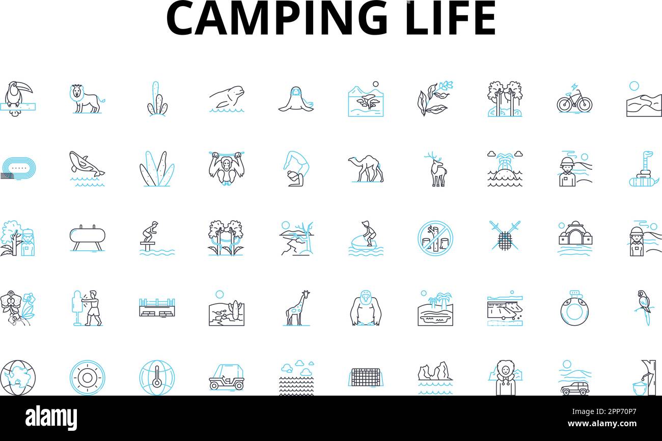 Das Leben im Camping ist mit linearen Symbolen versehen. Abenteuer, Bonfire, Rucksack, Zelt, Wandern, Marshmallow, Naturvektorsymbole und Linienkonzepte. Im Freien Stock Vektor