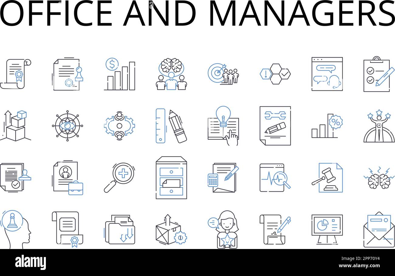 Sammlung von Liniensymbolen für Büros und Manager. CEO und Führungskräfte, Wirtschaft und Handel, Arbeit und Arbeit, Papierkram und Bürokratie, Personal und Mitarbeiter Stock Vektor