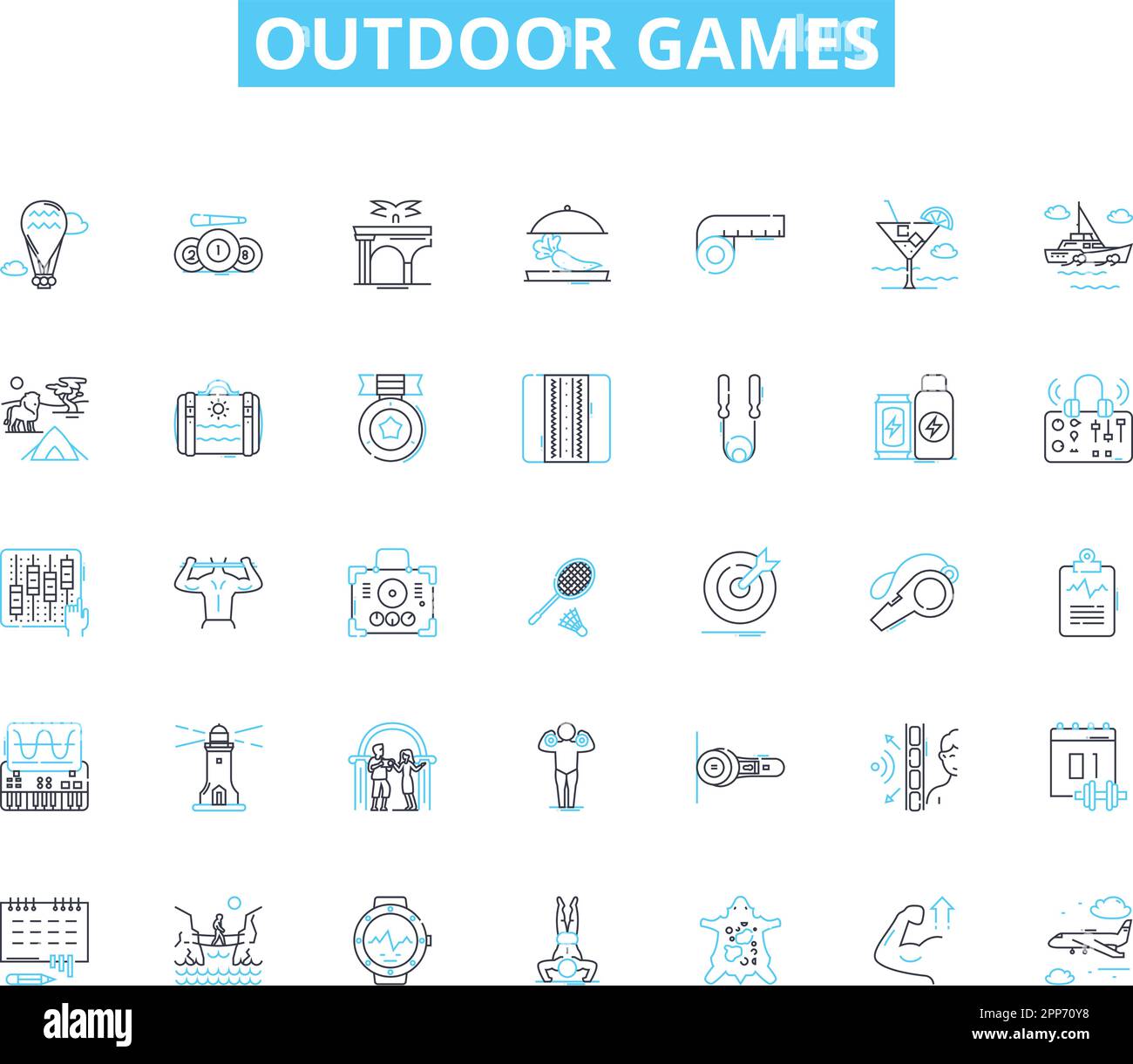 Lineare Symbole für Outdoor-Spiele. Frisbee, Fußball, Volleyball, Baseball, Cricket, Tennis, Badminton-Line-Vektor und Konzeptschilder. Kubb, Cornhole, Bocce Stock Vektor