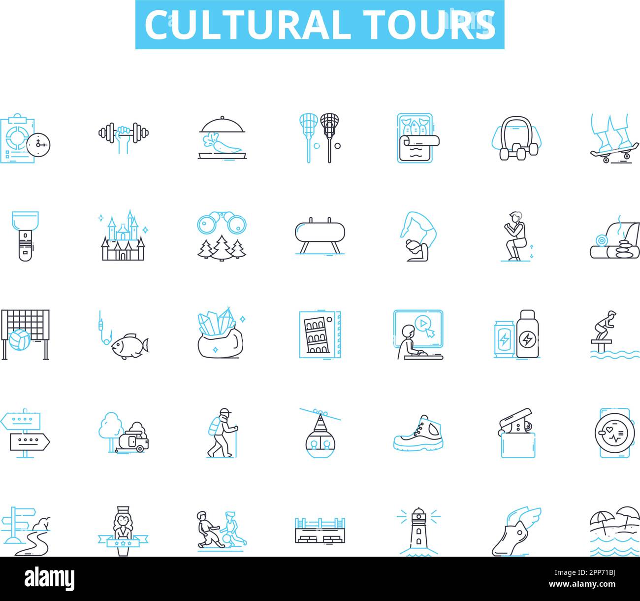 Lineare Symbole für Kulturtouren. Erbe, Tradition, Folklore, Festivals, Zoll, Geschichte, Kunstlinienvektor und Konzeptzeichen. Musik, Tanz, Essen Stock Vektor