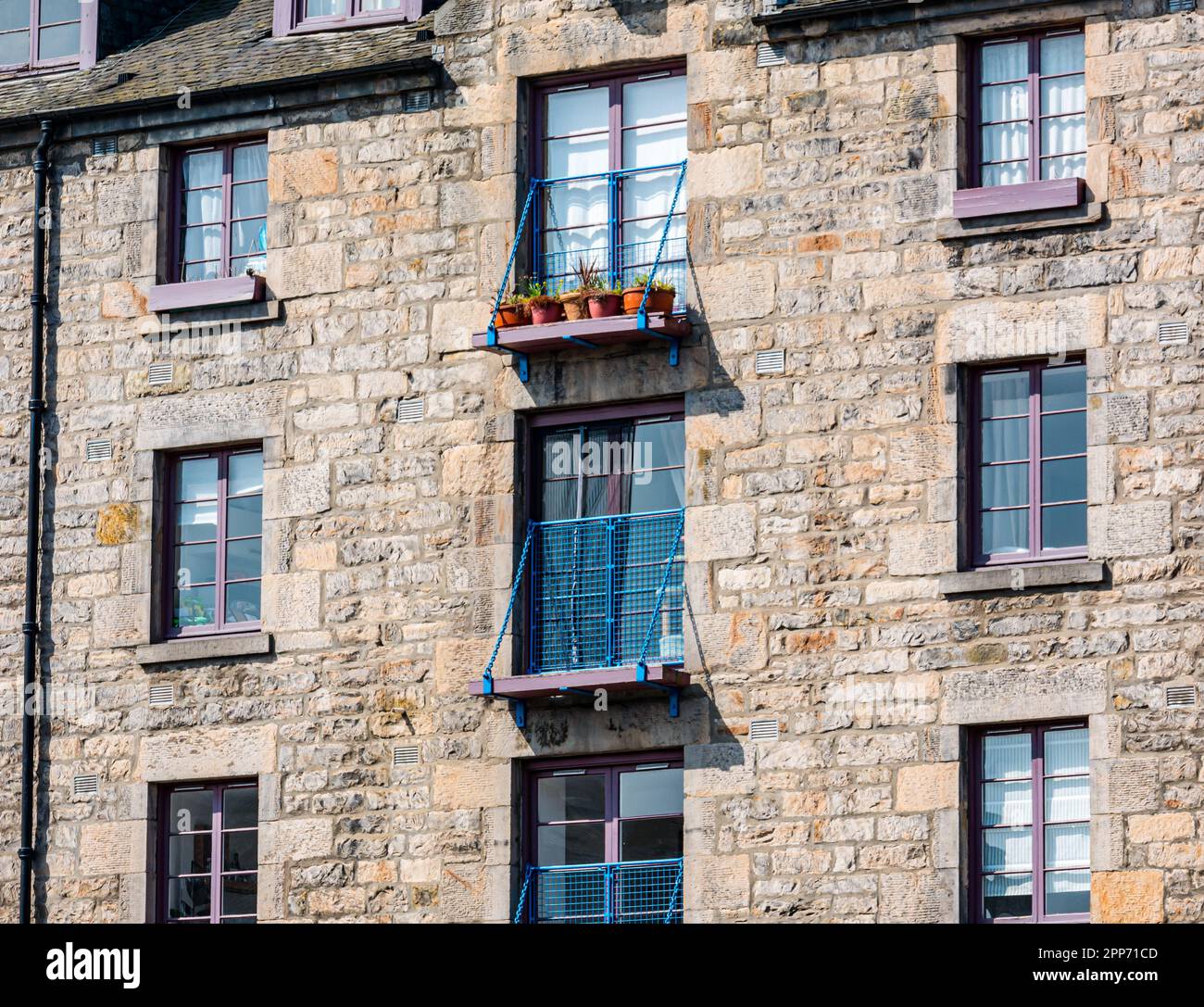 Pflanztöpfe, die auf einem Felsvorsprung stehen, Umbau von Lagerhauswohnungen, Leith, Edinburgh, Schottland, UK Stockfoto