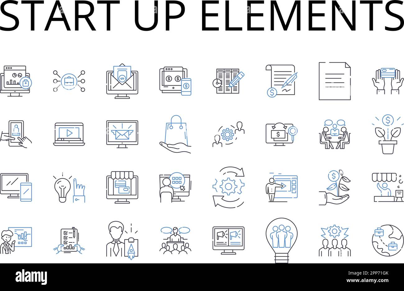 Starten Sie die Sammlung der Liniensymbole für Elemente. Unternehmensstart, Anfangsphase, Betriebsbeginn, Anfangsphase, Primärphase, Starterkit, Öffnen Stock Vektor
