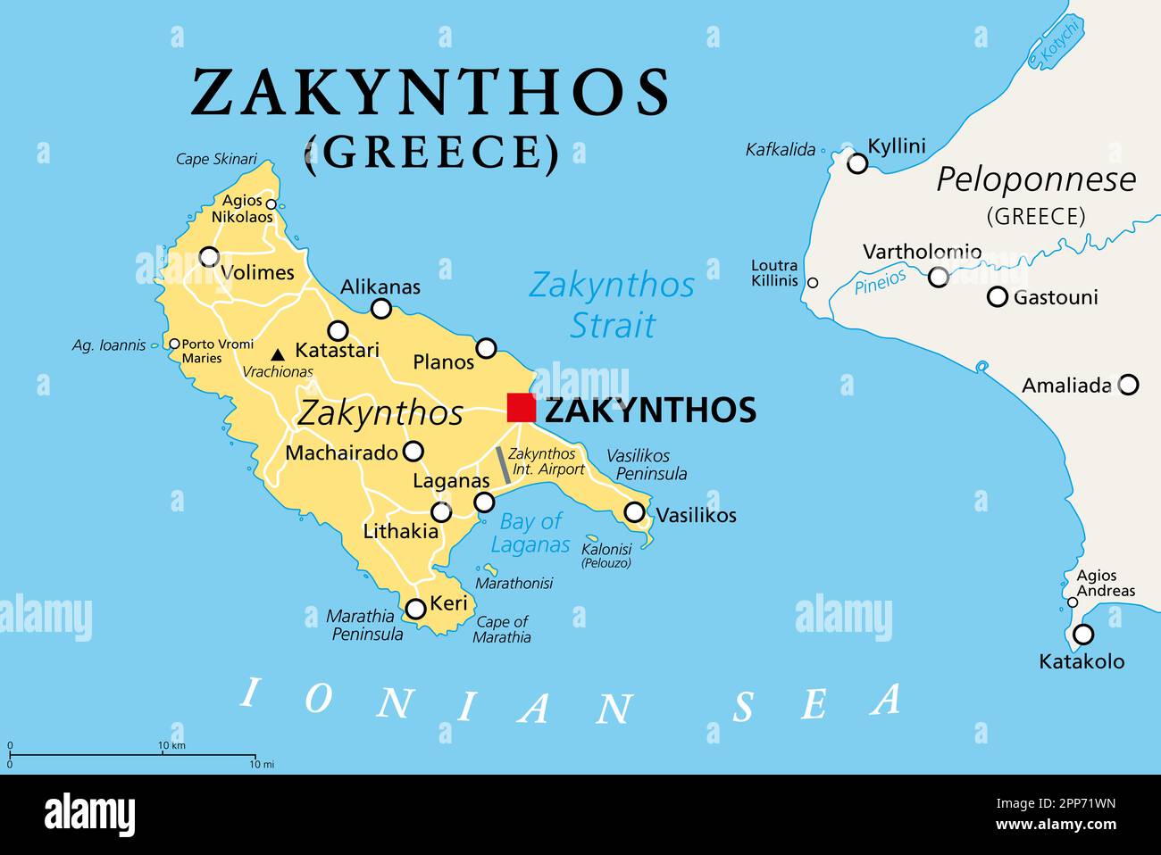 Zakynthos, griechische Insel, politische Karte. Auch bekannt als Zakinthos oder Zante, Teil der Ionischen Inseln in Griechenland, und separate regionale Einheit. Stockfoto