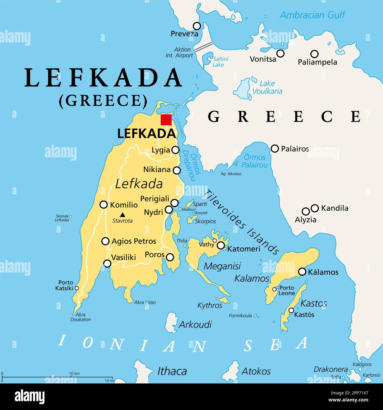 Lefkada, Regionaleinheit, politische Karte. Teil der Ionischen Inseln in Griechenland, auch bekannt als Lefkas, Leukas oder Leucadia. Mit Den Tilevoides-Inseln. Stockfoto