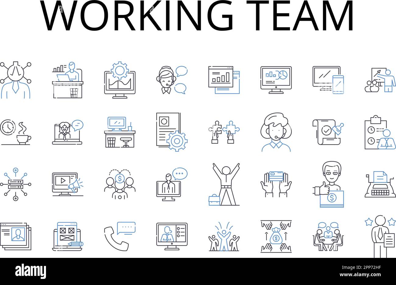 Kollektion der Liniensymbole des Arbeitsteams. Task Force, Brigade, Crew, Unit, Posse, Trupp, Trupp-Vektor und lineare Illustration. Gang, Gruppe, Kompanie Stock Vektor