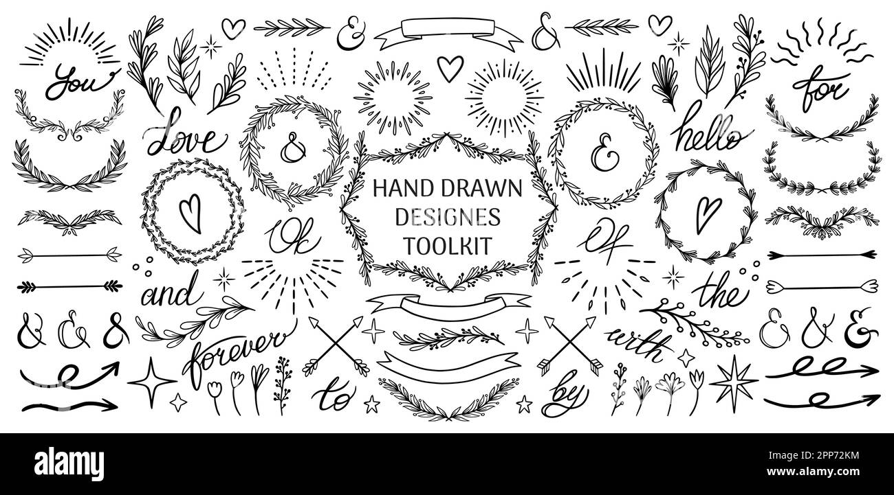 Handgezeichnetes Blumendesign. Vintage Hipster Lorbeerblätter Set, Spring Love Label, geschwungene Kalligraphie und Retro Ecken. Kollektion mit botanischen Gartendekorationen, Pfeilen und Bändern, Vektorvektoren und Dekorationselementen Stock Vektor