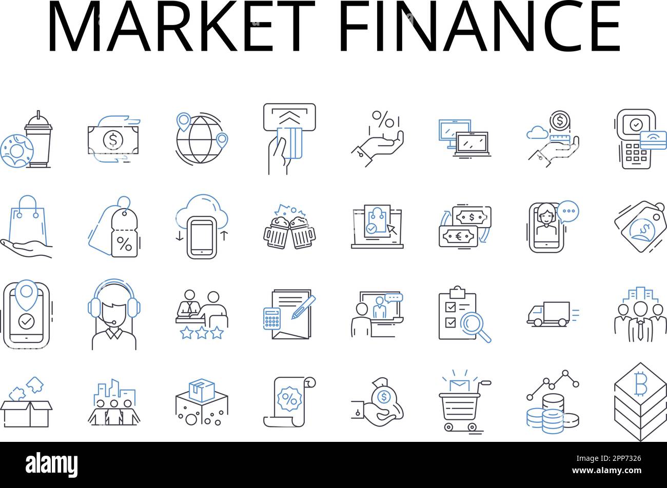 Symbolsammlung für Market Finance Line. Kapitalmärkte, Finanzmärkte, Kapitalmärkte, Aktienmärkte, Anleihemärkte, Wertpapiermärkte Stock Vektor