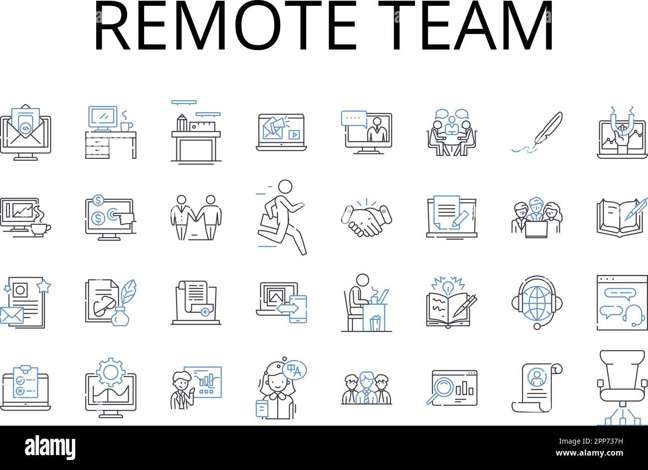 Symbolsammlung für Remote Team Line. Virtuelles Personal, entfernte Gruppe, externes Team, weit entfernte Crew, Online-Personal, Geografisch verteilte Einheit Stock Vektor