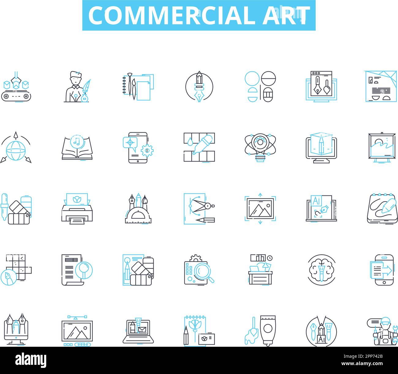 Kommerzielle Art linearer Symbolsatz. Ästhetik, Kreativität, Design, Grafik, Bilder, Werbung, Branding-Linien-Vektor und Konzeptschilder. Visuell Stock Vektor