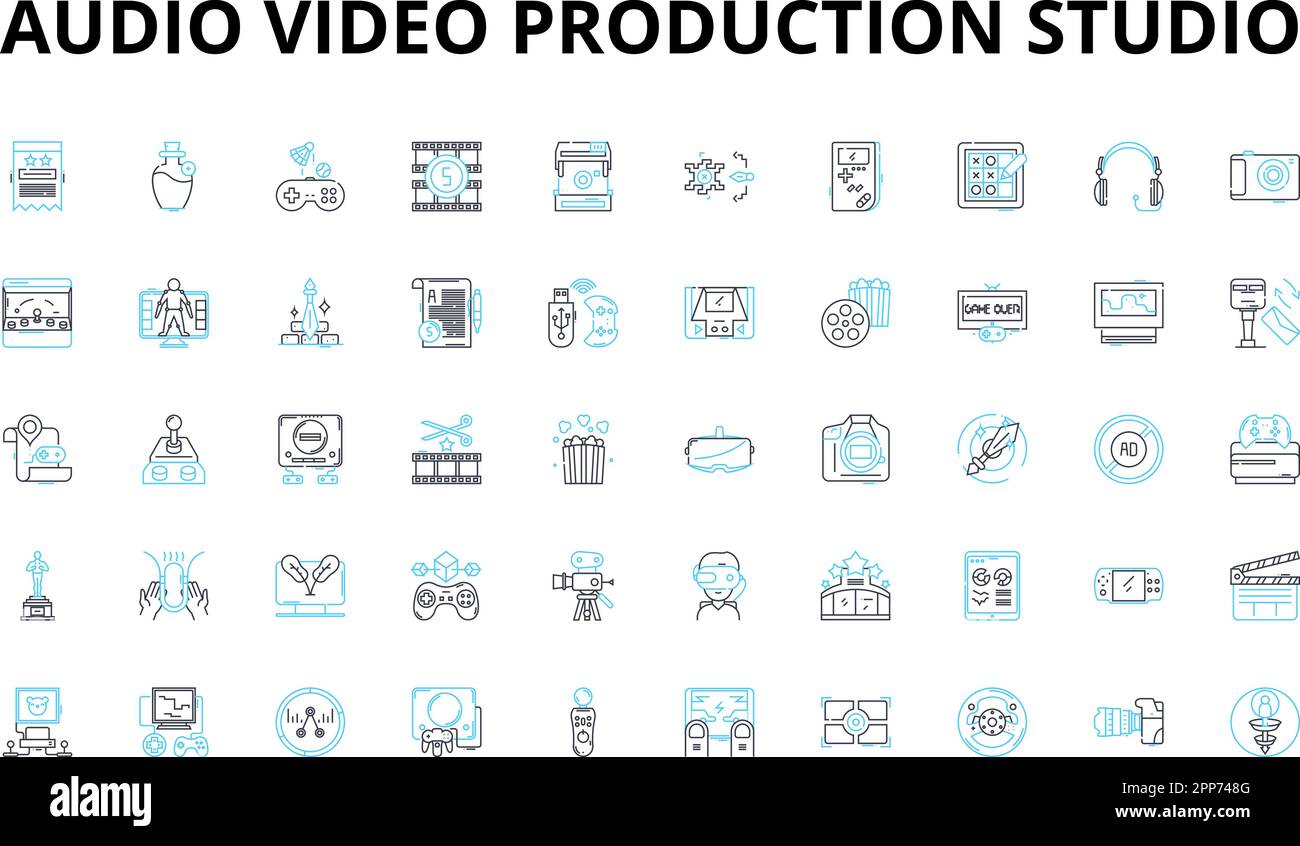 Lineares Symbolset für Audio/Video Production Studio. Aufnahme, Ton, Studio, Produktion, Mixen, Mastering und Bearbeitung von Vektorsymbolen und Linienkonzepten Stock Vektor