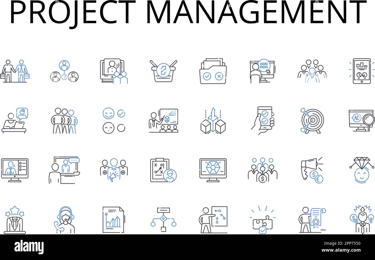 Symbolsammlung für Projektmanagement-Linien. Zeitmanagement, Ressourcenzuweisung, Teamführung, Budgetkontrolle, Risikobewertung, Koordination von Veranstaltungen Stock Vektor