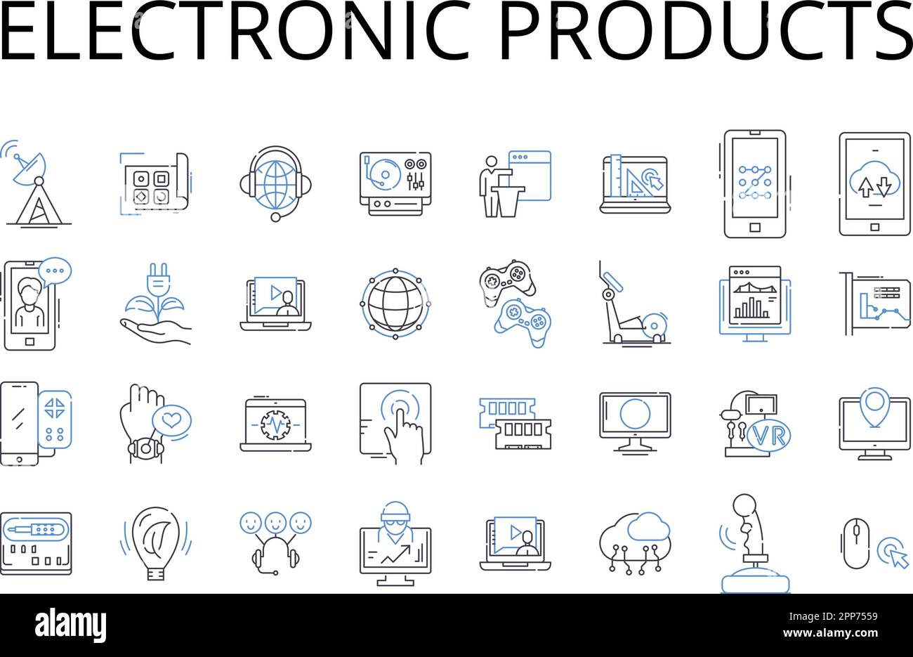 Symbolsammlung für elektronische Produkte. Digitale Geräte, technische Artikel, Elektrogeräte, Cyber-Produkte, Hightech-Gadgets, Audioanlage Stock Vektor