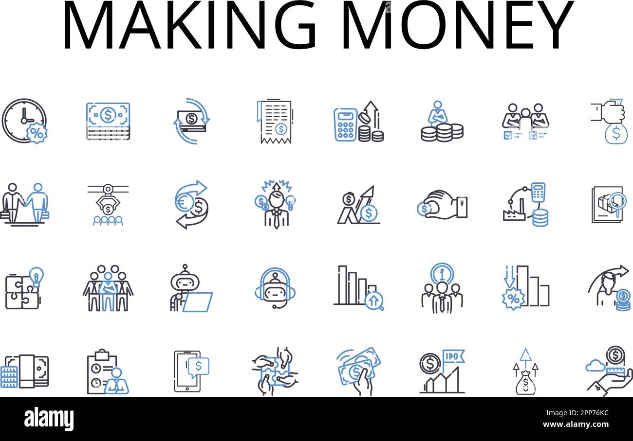 Geldlinien-Icons-Kollektion erstellen. Löhne verdienen, Gewinne machen, Vermögen anhäufen, Einkommen sichern, Entschädigung erhalten, Ernte von Erträgen Stock Vektor