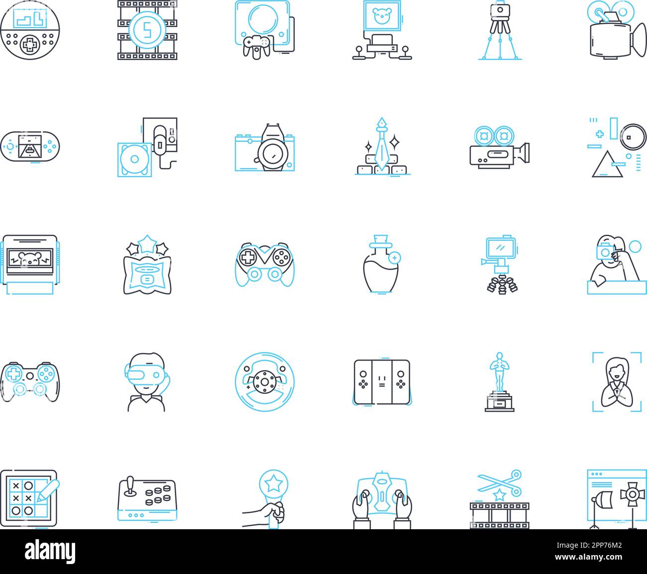 Lineare Symbole für die Videoproduktion eingestellt. Kinematographie, Bearbeitung, Beleuchtung, Kamera, Skripterstellung, Audio-, Storytelling-Linien-Vektor und Konzeptschilder. Visuell Stock Vektor