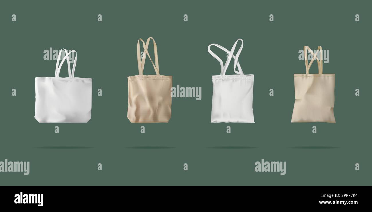 Tragetasche aus realistischem Stoff, weiß-beigefarbene Textilkollektion für Käufer. Eco-Beutel aus Jutetuch, leere weiße Baumwollverpackung für Lebensmittel, ökologische Leinwand. Vector Isolated Handbag 3D Modell-Set Stock Vektor