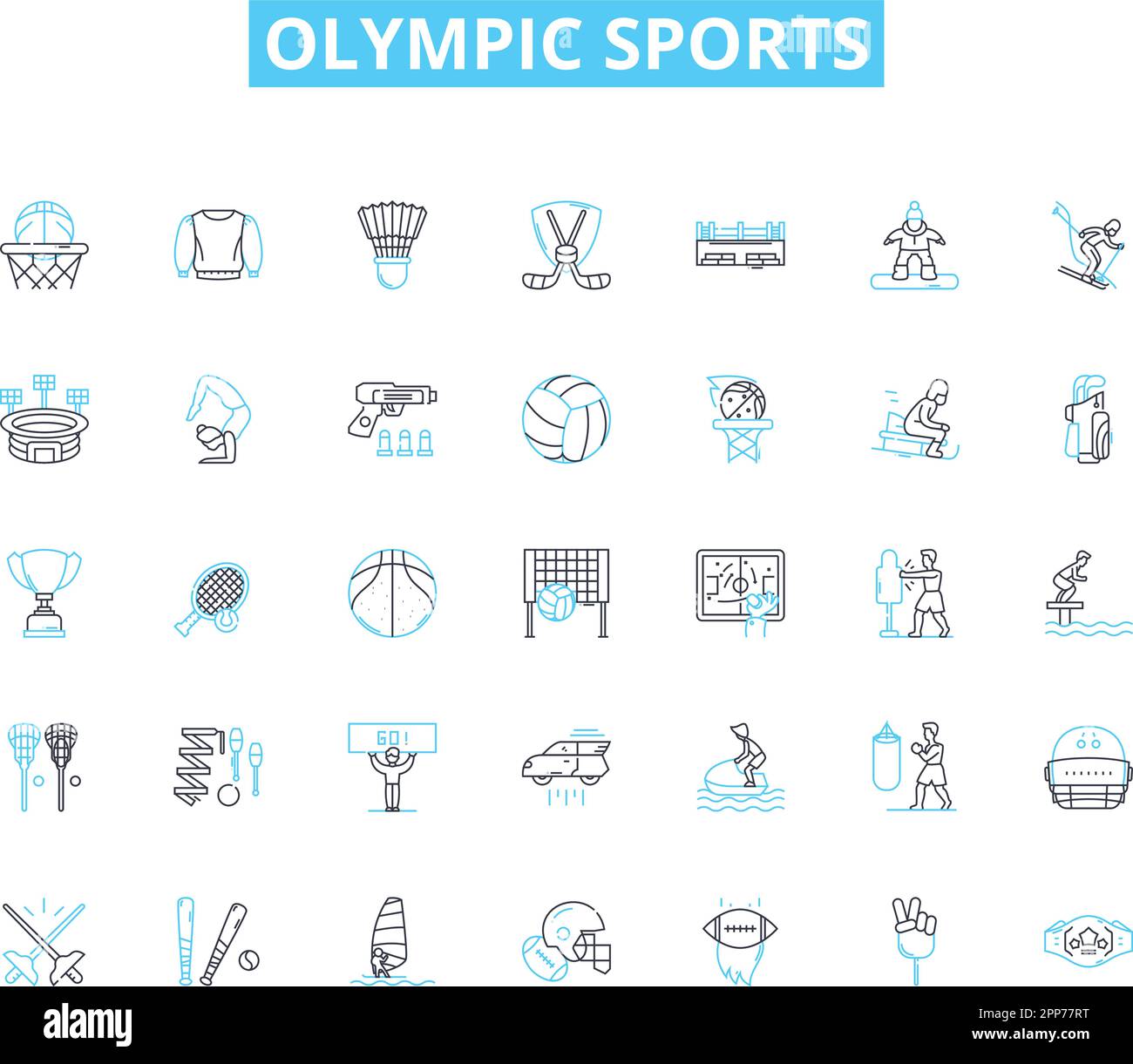 Lineare Symbole für Olympische Sportarten. Gymnastik, Schwimmen, Tauchen, Radfahren, Laufen, Springen, Tennis Line Vektor und Konzeptschilder. Volleyball, Basketball Stock Vektor
