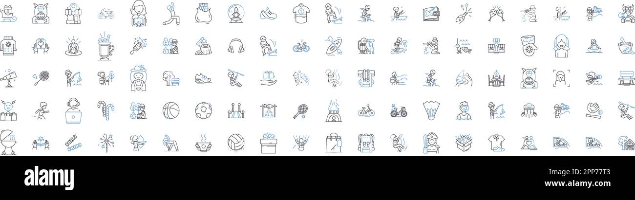 Symbolsammlung für Freizeitangebote. Abenteuer, Unterhaltung, Camping, Radfahren, Tanzen, Übung, Angelvektor und lineare Darstellung. Gaming Stock Vektor