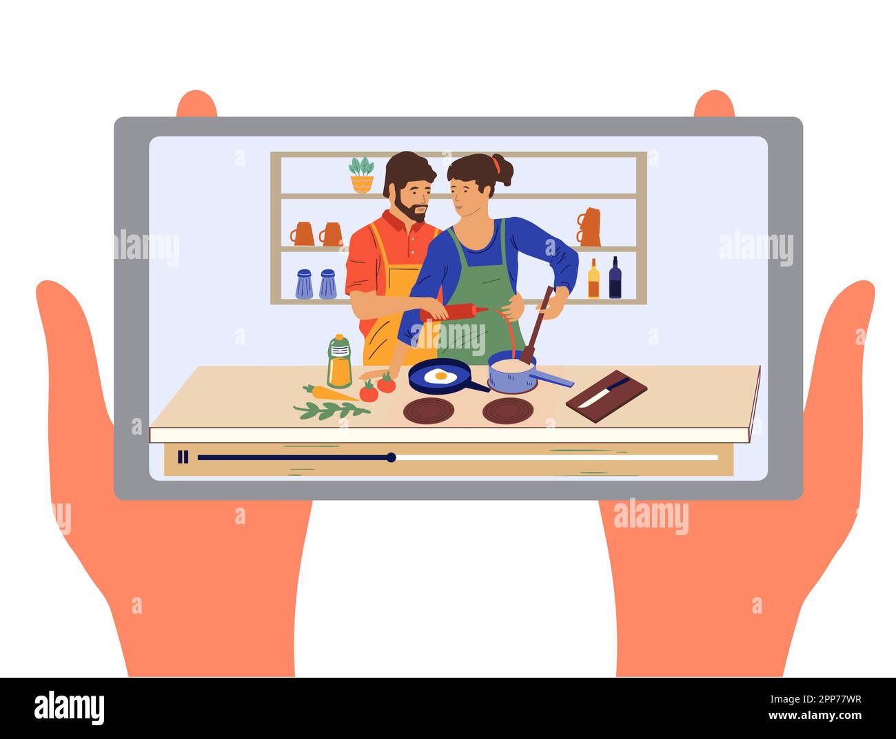 Kochen in der Küche. Essen-Vlog. Ich sehe mir ein Video über die Zubereitung von Mahlzeiten auf dem Smartphone an. Mobiltechnologie. Handynummer in den Armen. Kulinarischer Tutorialspieler. Kurs online. Rezeptübertragung. Hobby-Blog. Vektordarstellung Stock Vektor