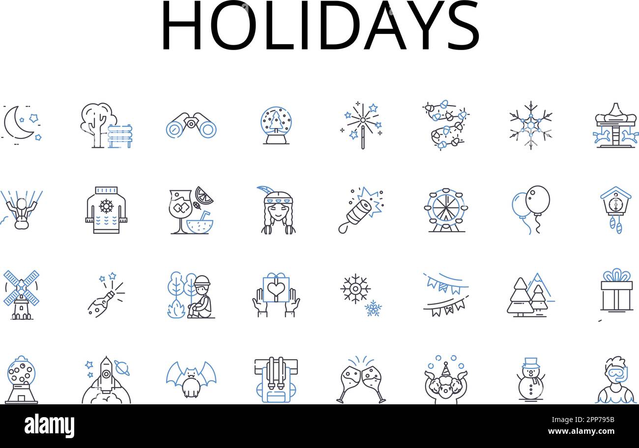 Kollektion mit Symbolen für Feiertage. Urlaub, Kurzurlaube, Festivals, Feierlichkeiten, Pausen, Rückzüge, Zeitabwesenheitsvektor und lineare Darstellung. Ausflüge Stock Vektor
