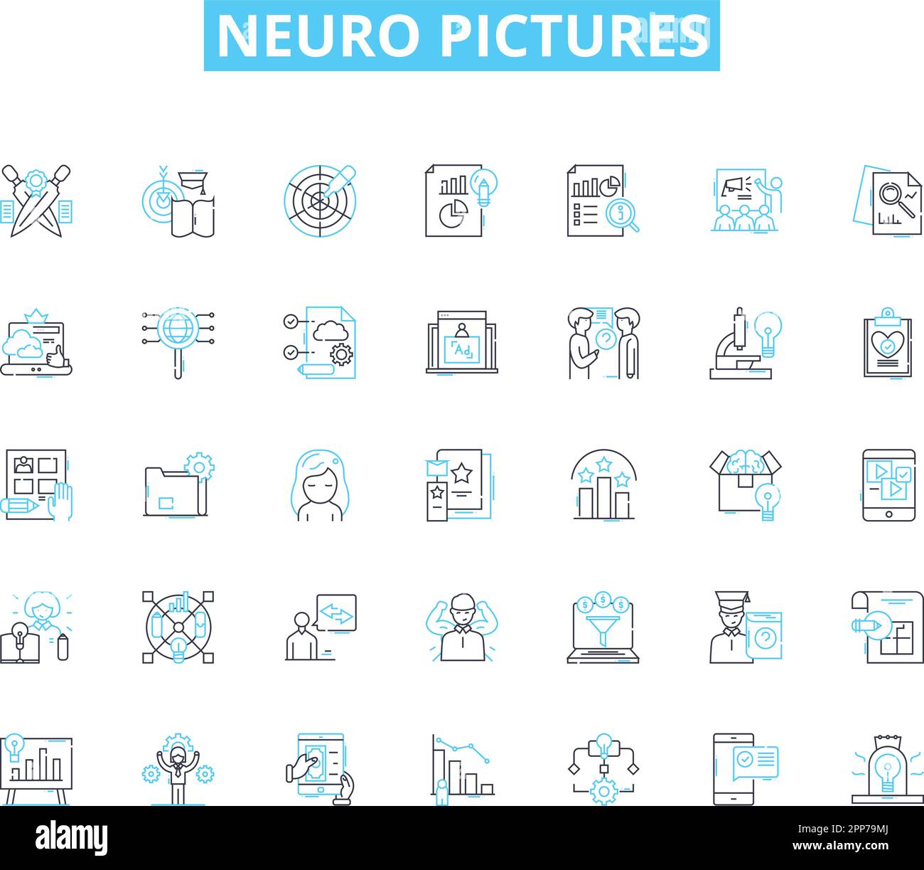 Neuro-Bilder Lineare Symbole eingestellt. Gehirnwellen, Neuronen, Erinnerungen, Synapsen, Axonen, Kognition, Wahrnehmungslinienvektor und Konzeptzeichen. Psychologie Stock Vektor