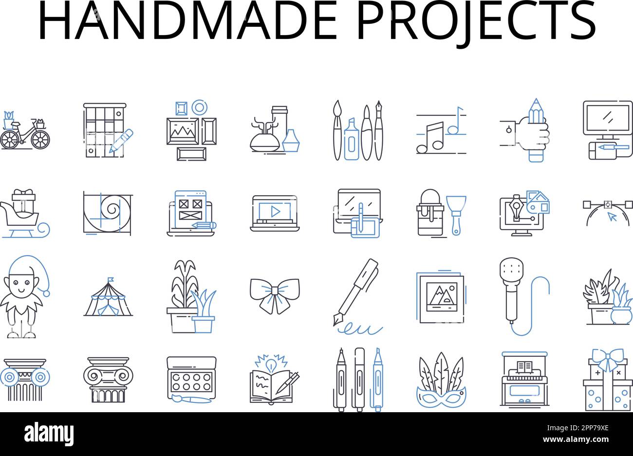 Sammlung mit Symbolen für handgefertigte Projekte. Handgefertigte Kreationen, handwerkliche Waren, hausgemachte Gerichte, maßgeschneiderte Möbel, handgefertigter Schmuck, Künstlerisch Stock Vektor